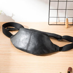 Black Mens Leather Fanny Packs Sling Bag Waist Bag Hip Pack Belt Bag Chest Bag for Men - imessengerbags