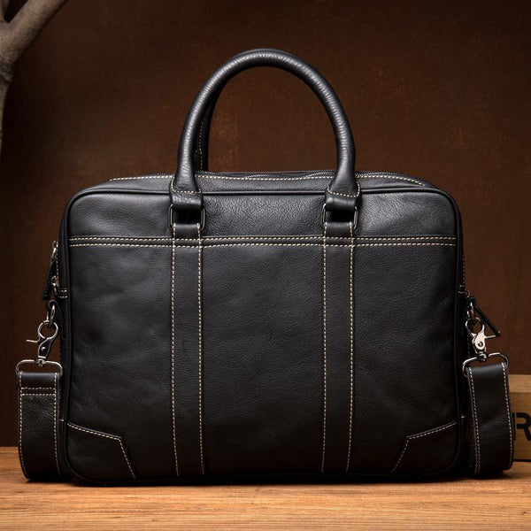 Black Leather Mens 15 inches Briefcase Laptop Side Bag Business Bags Work Bags for Men