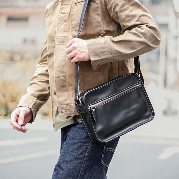 Black Leather Mens Casual Small Courier Bags Messenger Bag Coffee Brown Postman Bag For Men - imessengerbags