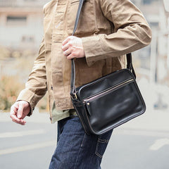 Black Leather Mens Casual Small Courier Bags Messenger Bag Coffee Brown Postman Bag For Men - imessengerbags