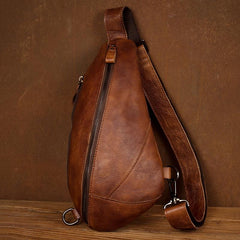 Brown Casual Leather Mens Sling Bag Chest Bags Brown SLing Pack One Shoulder Backpack for Men