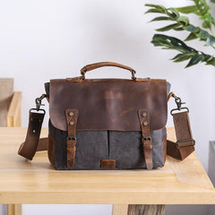 Casual Canvas Leather Mens Khaki Handbag 14'' Side Bag Gray Messenger Bag For Men - imessengerbags