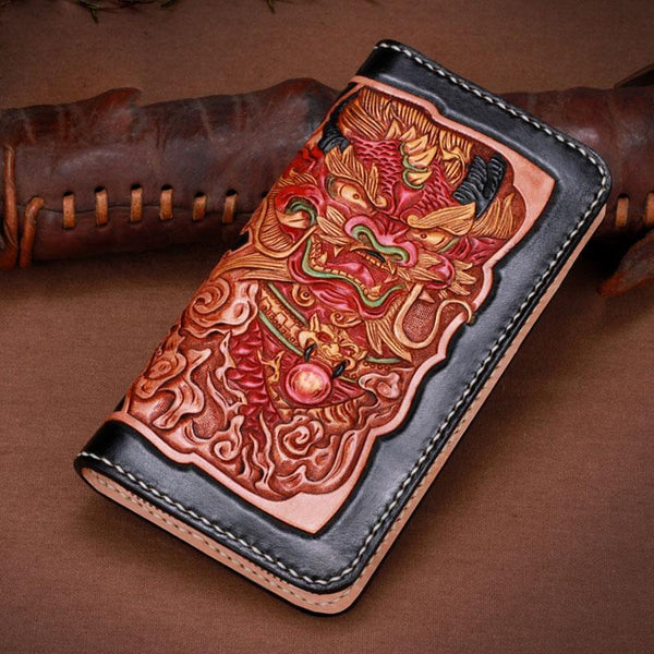 Handmade Leather Mens Clutch Wallet Cool Kylin Tooled Wallet Long Zipper Wallets for Men - imessengerbags