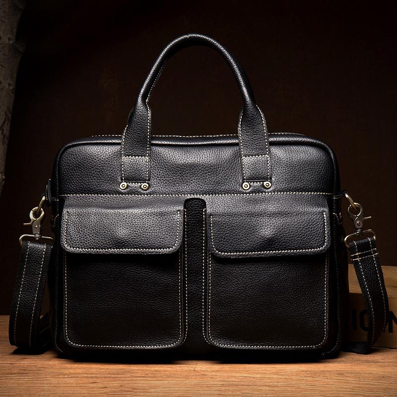 Black Leather Mens 13 inches Vertical Briefcase Laptop Shoulder Bag Coffee Business Work Bag for Men