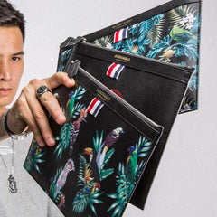 Handmade Leather Mens Clutch Birds Cool Slim Wallet Zipper Clutch Wristlet Wallet for Men