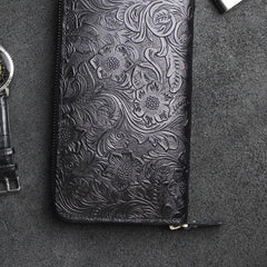 Handmade Leather Floral Mens Cool Travel Long Wallet Card Holder Card Slim Clutch Wallets for Men - imessengerbags