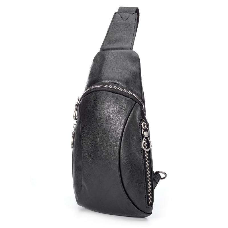 Cool Mens Black Leather Sling Bag Chest Bag Soft Black One Shoulder Backpack Sling Backpack for men - imessengerbags