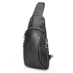 Cool Mens Black Leather Sling Bag Chest Bag Soft Black One Shoulder Backpack Sling Backpack for men - imessengerbags