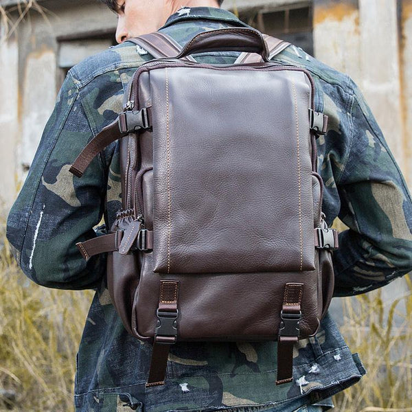 Black Fashion Mens Leather 13-inch Computer Backpacks Travel Backpacks Cool School Backpacks for men - imessengerbags