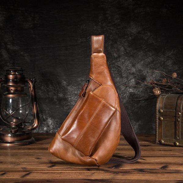 Cool Brown Leather Men's Sling Bag Chest Bag One Shoulder Backpack For Men - imessengerbags