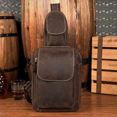 Cool Brown Leather Mens One Shoulder Backpack Sling Bag Brown Crossbody Pack Chest Bag for men - imessengerbags