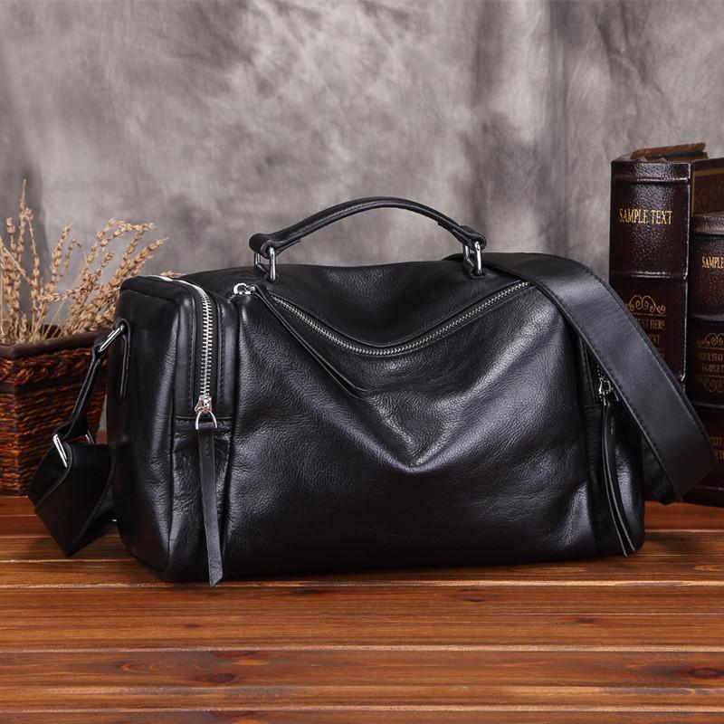 Fashion Black Leather Men's Small Barrel Side Bag Travel Bag Small Black Overnight Bag For Men - imessengerbags