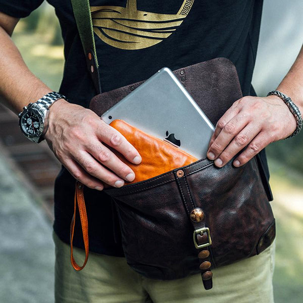 Fashion Black Wrinkled Leather Men 8 inches Small Side Bag Coffee Cool Messenger Bags Postman Bag For Men - imessengerbags