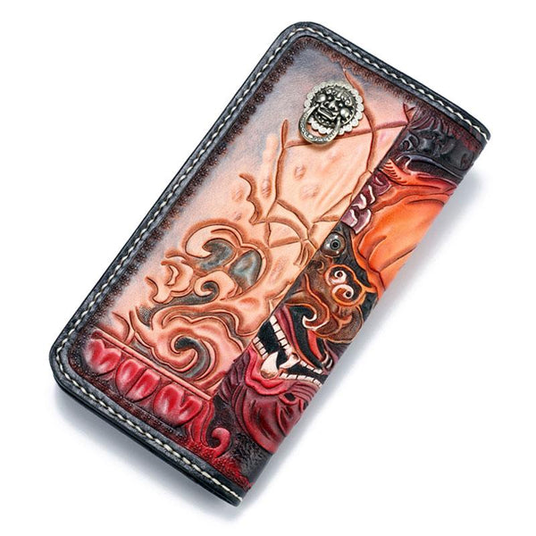Handmade Leather Chinese Lion Mens Chain Biker Wallet Cool Leather Wallet With Chain Wallets for Men - imessengerbags