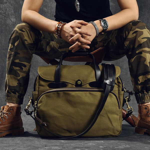 Canvas Leather Mens Khaki Briefcase 15'' Side Bag Messenger Bag Shoulder Bag For Men - imessengerbags