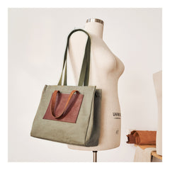 Vintage Canvas Leather Mens Tote Bag Green Tote Handbag Canvas Shoulder Tote for Men Women - imessengerbags