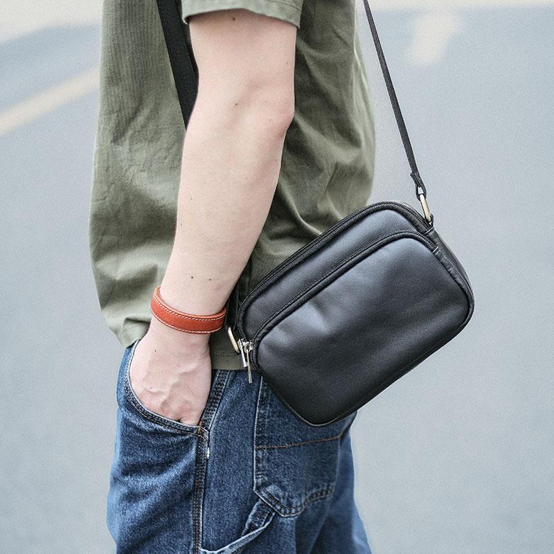 Black Leather Mens Small Courier Bag Messenger Bag Mini Postman Bag For Men - imessengerbags