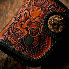 Handmade Leather Tooled Chinese Dragon Biker Wallet Mens Cool Short Chain Wallet Trucker Wallet with Chain - imessengerbags