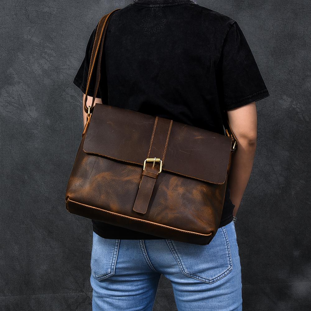 Vintage Leather Mens 13‘’ Brown Side Bag Messenger Bag Courier Bag For Men - imessengerbags