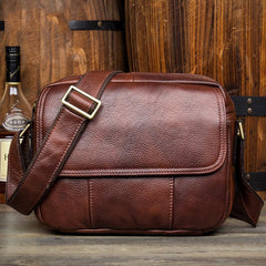 Casual Dark Brown Leather 8 inches Small Messenger Bag Side Bag Postman Bag for Men