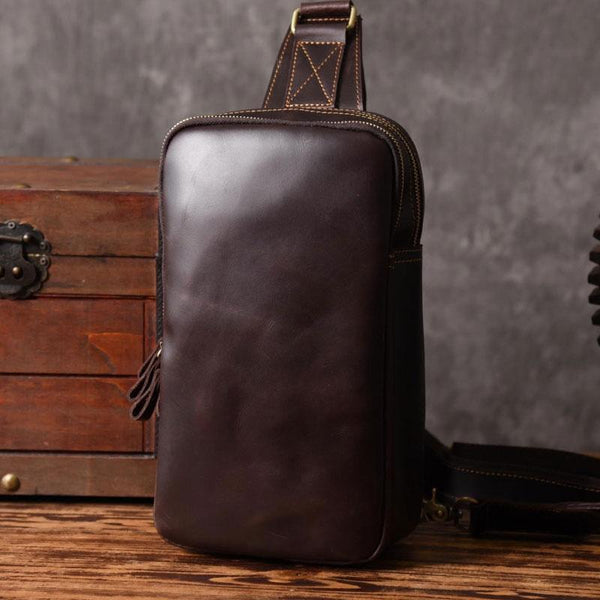 Handmade Leather Mens Cool Chest Bag Sling Bag Crossbody Bag Travel Bag Hiking Bag for men