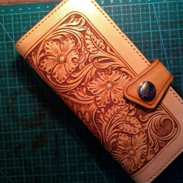 Handmade Tooled Floral Mens Leather Long Wallet Cool Long Wallet for Men - imessengerbags