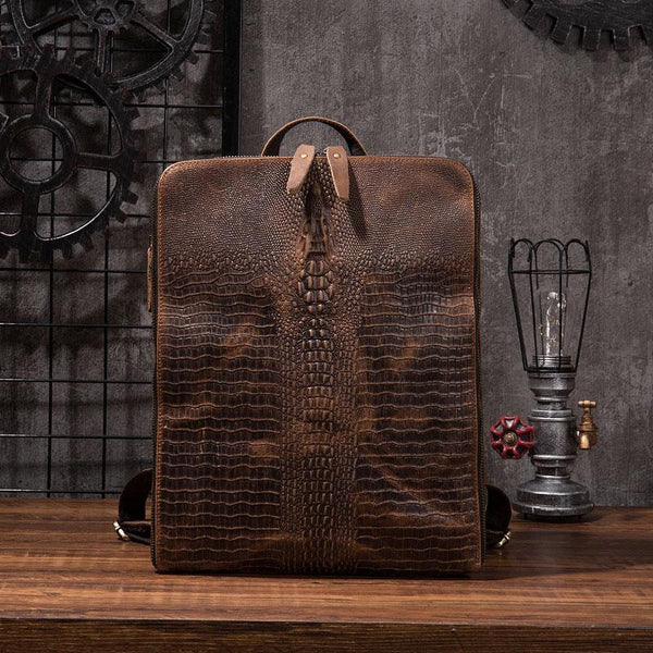 Cool Mens Leather Alligator Pattern Backpack Travel Backpacks Leather Hiking Backpack for Men - imessengerbags