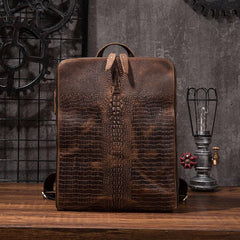 Cool Mens Leather Alligator Pattern Backpack Travel Backpacks Leather Hiking Backpack for Men
