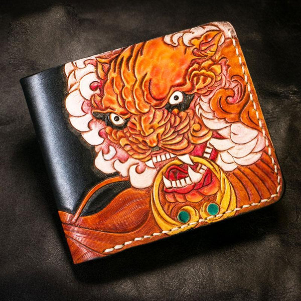 Handmade Leather Chinese Lion Tooled Mens billfold Wallet Cool Leather Wallet Slim Wallet for Men - imessengerbags