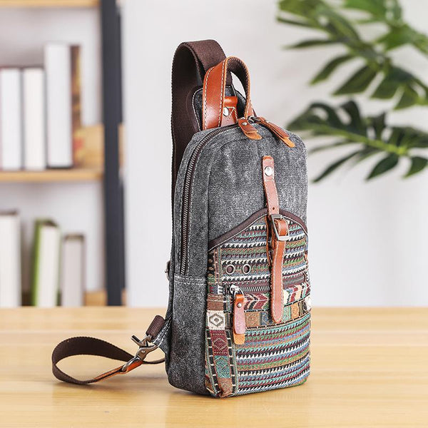 Canvas Mens Folk Gray Chest Bag One Shoulder Backpack Gray Sling Bag for Men - imessengerbags