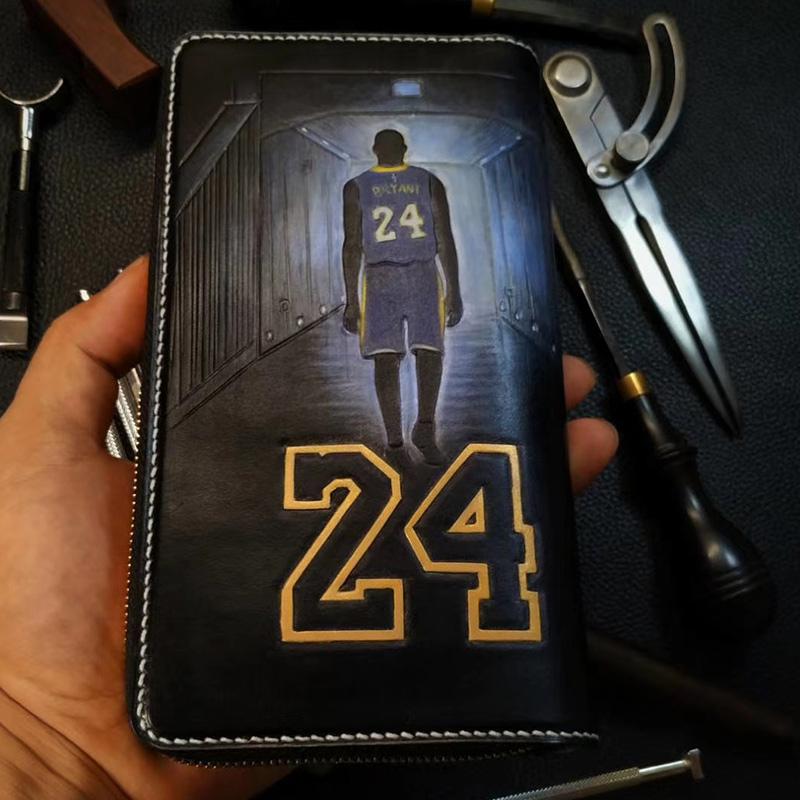 Badass Leather Men's Kobe Bryant Long Wallet Handmade Tooled Zipper Long Wallets For Men