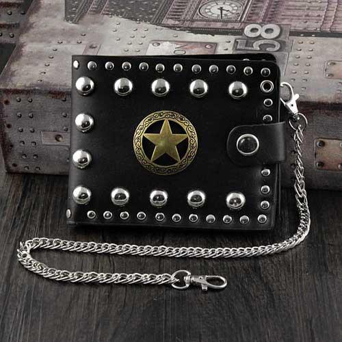 Punk Black Leather Men's Star Small Biker Wallet Chain Wallet Rock Rivet Black billfold Wallet with Chain For Men - imessengerbags
