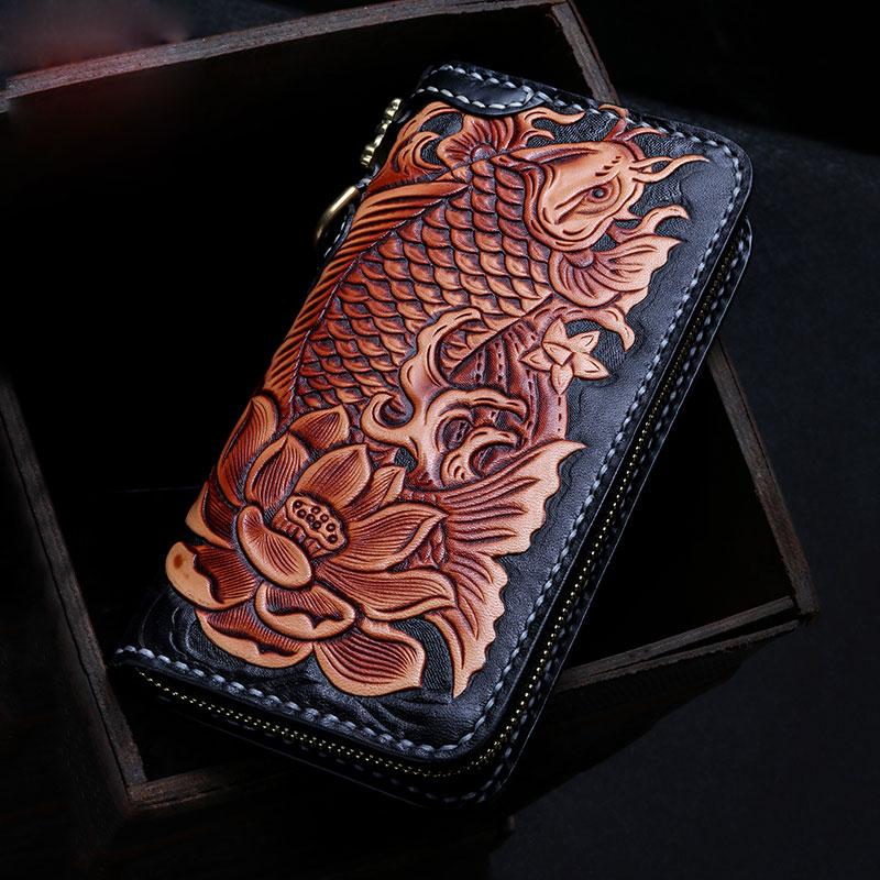 Handmade Leather Tooled Carp Mens Chain Biker Wallet Cool Leather Wallet Zipper Long Phone Wallets for Men