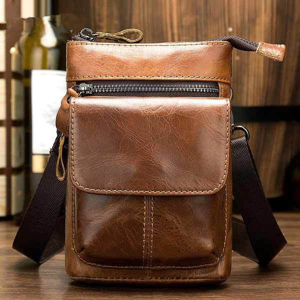 Cool Brown Leather Men's Belt Pouch Cell Phone Holster Small Belt Bag Mini Messenger Bag Side Bag For Men