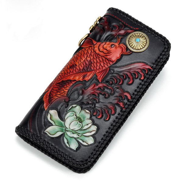 Handmade Leather Tooled Carp Prajna Mens Chain Biker Wallet Cool Leather Wallet Zipper Long Phone Wallets for Men - imessengerbags