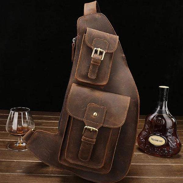 Leather Mens Sling Bag Chest Bag Cool Sling Shoulder Bag Sling Backpack for men - imessengerbags