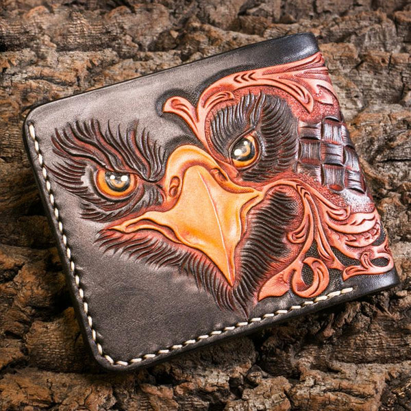 Handmade Leather Eagle Tooled Mens billfold Wallet Cool Leather Wallet Slim Wallet for Men - imessengerbags