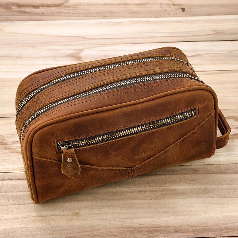 vintage Leather Men's Clutch Bag Double Zipped Small Wristlet Handbag For Men - imessengerbags