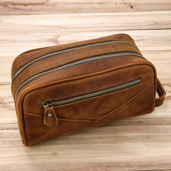 vintage Leather Men's Clutch Bag Double Zipped Small Wristlet Handbag For Men - imessengerbags