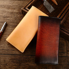 Casual Retro Leather Mens Wine Red Slim Long Wallet Light Beige Bifold Card Wallet Clutch Wallet For Men - imessengerbags