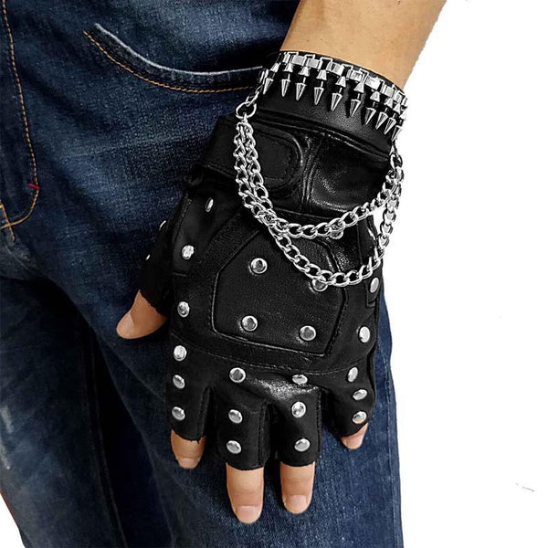Cool Mens Punk Black Leather Half-Finger Rock Gloves Motorcycle Gloves Biker Gloves For Men - imessengerbags