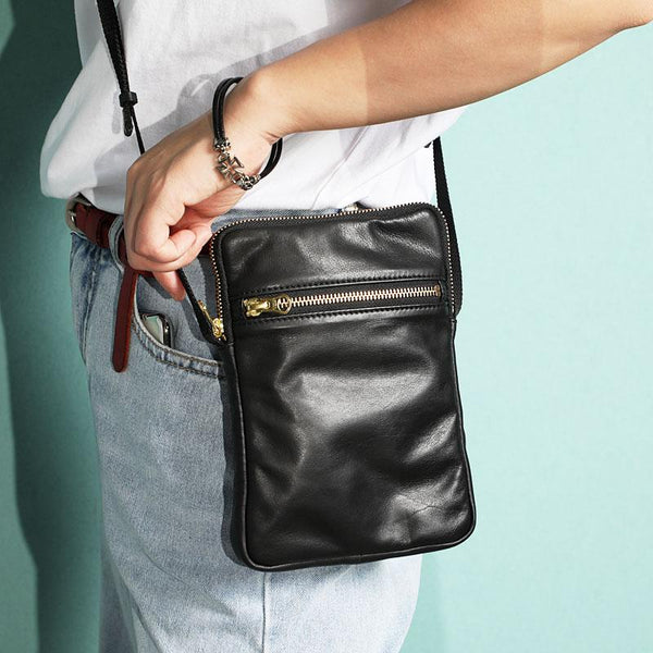 CASUAL BLACK LEATHER MEN'S 8 INCHES MIni Vertical Side Bag MESSENGER BAG BLACK PHONE Courier BAG FOR MEN - imessengerbags