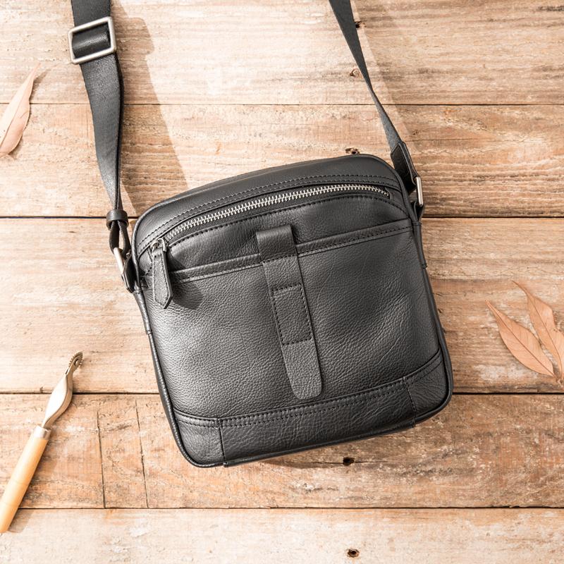 Black Cool Leather Mens Small Shoulder Bags Vertical Messenger Bags Square Phone Bag for Men - imessengerbags