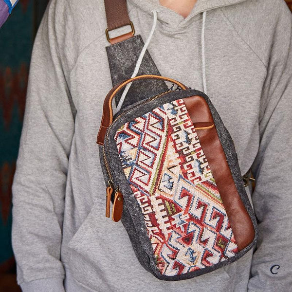 Folk Canvas Leather Mens Sling Bag Chest Bag One Shoulder Pack for men - imessengerbags