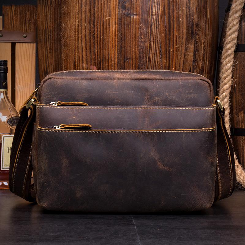 Casual Coffee Leather 10 inches Small Courier Bag Messenger Bags Postman Bags for Men