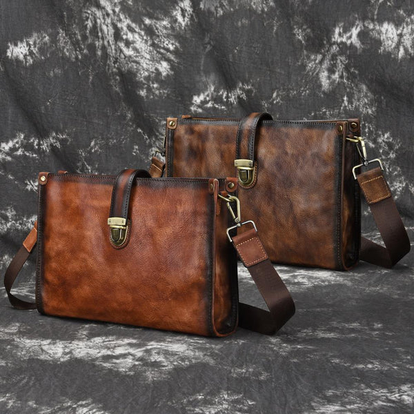 Vintage Brown Leather Men's Side Bag Messenger Bag 10'' Courier Shoulder Bag For Men - imessengerbags