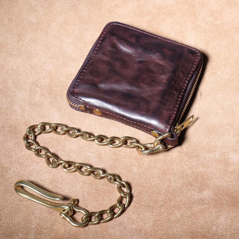 Handmade Genuine Leather Mens Chain Biker Wallet Cool Zipper Leather Wallet Bifold billfold Wallets - imessengerbags