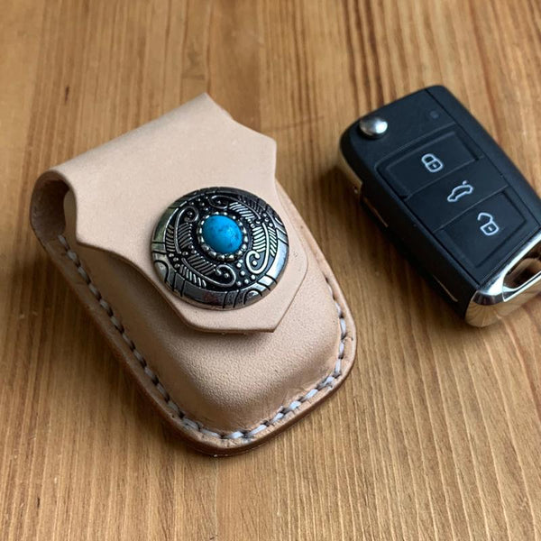 Handmade Beige Leather Mens Volkswagen Golf Car Key Case Car Key Holder with Belt Loop/Belt Clip