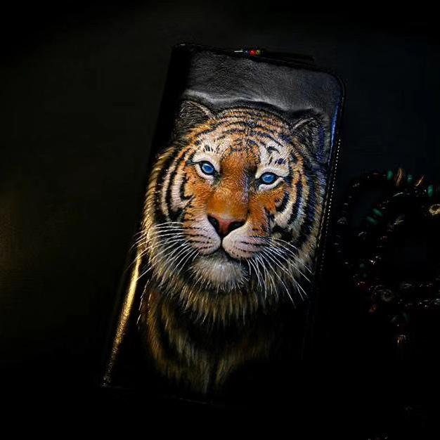 Badass Black Leather Men's Tiger Long Biker Wallet Handmade Tooled Zipper Long Wallet For Men