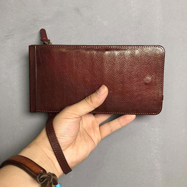 Genuine Leather Mens Cool Long Leather Wallet Cards Phone Zipper Clutch Wristlet Wallet for Men - imessengerbags